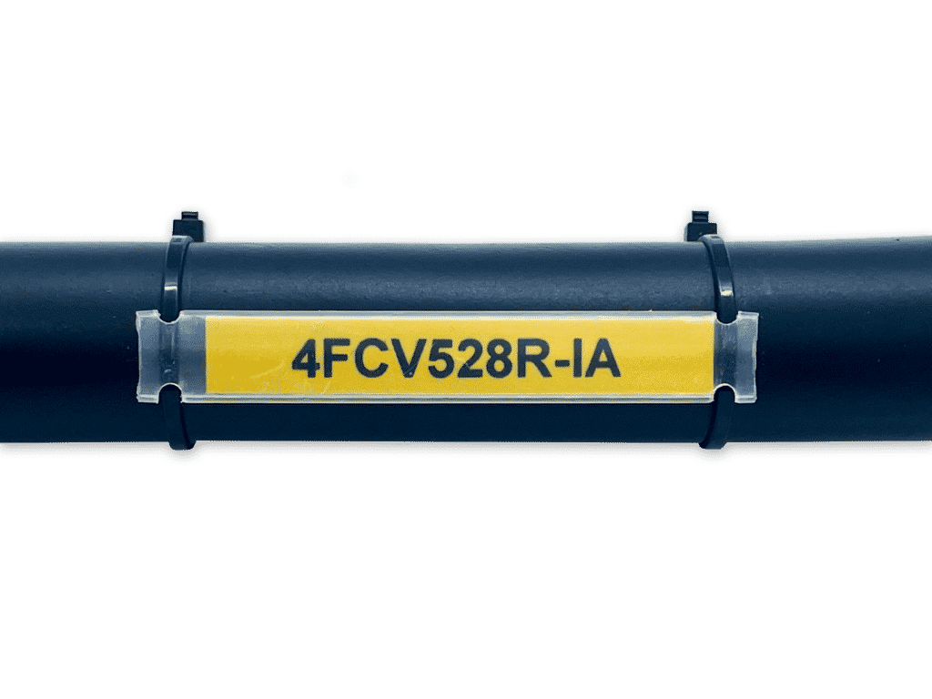 EVO yellow cable marker with sleeve and cable ties on black cable