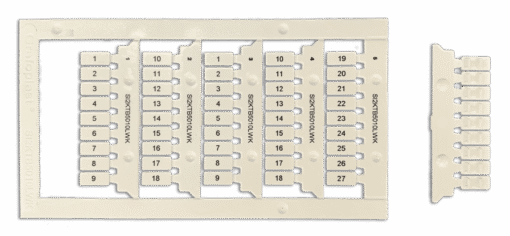 A white plastic backbone holds 27 small numbered tabs in three rows, labelled 1 to 27, along with a detached strip containing seven blank tabs. Each tab is labelled SI2KTB5010LWK.