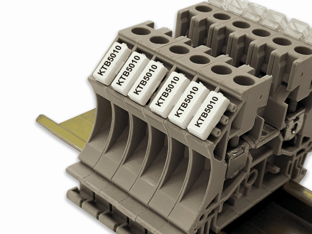 Grafoplast EVOMAX thermal printer tags on terminal block on rail