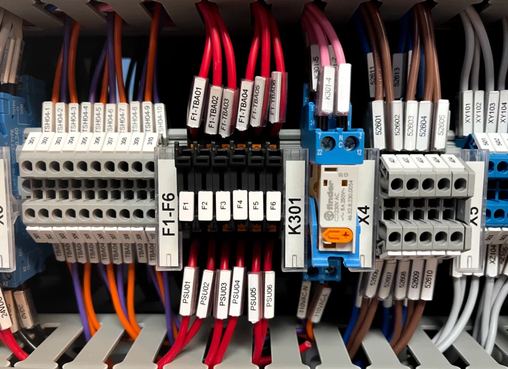 Close-up of an electrical control panel with labelled terminals, red and brown wires, cable markers, and blue components, including terminal blocks marked F1–F6 and K301, showing organised industrial wiring.