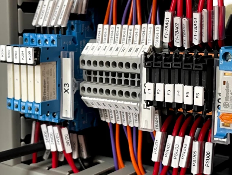 Close-up of an electrical control panel featuring neat cable markers on bunched wires, labelled terminals, relays, and fuses. Alphanumeric tags aid identification whilst various coloured wires are precisely connected and organised.